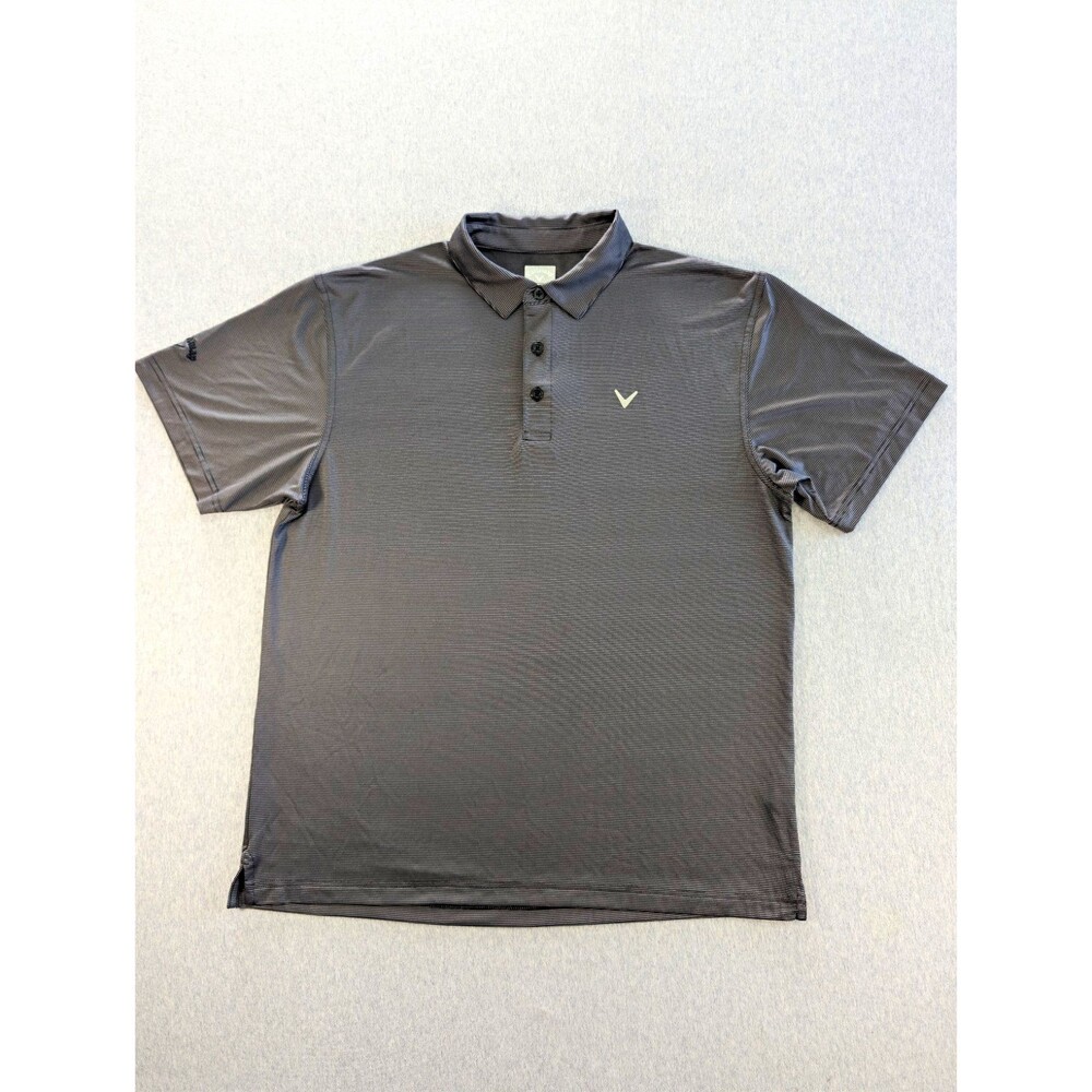 Callaway Mens L Gray Striped Golf Polo Short Sleeve Stretch Logo Poly Blend